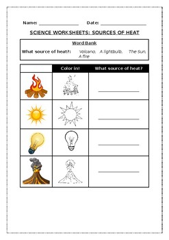 Preview of Primary Science Worksheet: Sources of Heat