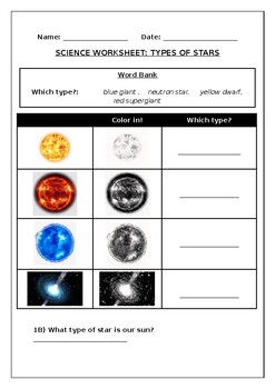 Preview of Primary Science Worksheet: Types of Stars (Space)
