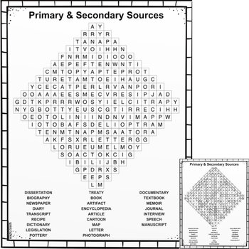 Preview of Primary & Secondary Sources Word Search
