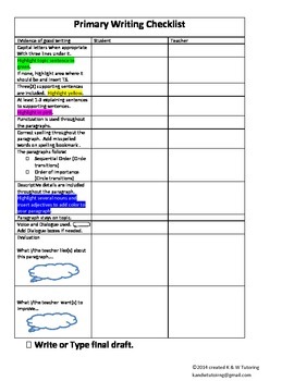 Preview of Primary Writing Checklist using step up to writing color coding