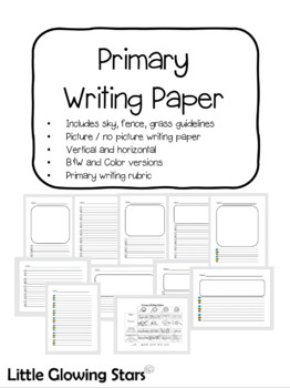 Preview of Primary Writing Paper (Sky, Fence, Grass Guide) and Rubric