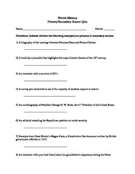 Primary and Secondary Source Worksheet by Brythe Blankenship  TpT