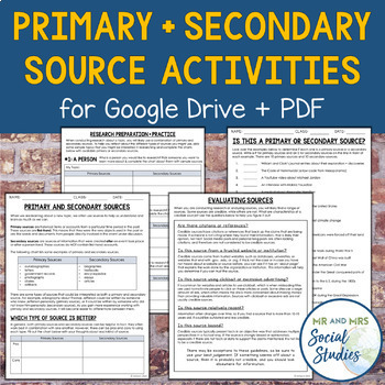 Preview of Primary and Secondary Sources Activities and Worksheets | Google Drive and PDF