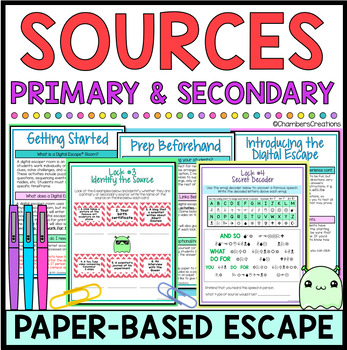 Preview of Primary and Secondary Sources Paper Based Escape Room teambuilding game