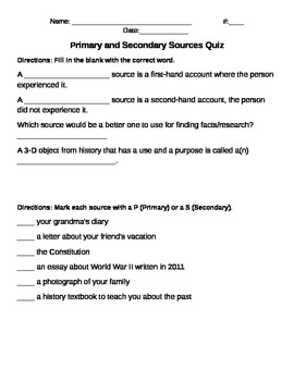 Preview of Primary and Secondary Sources Quiz