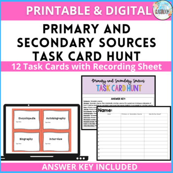 Preview of Primary and Secondary Sources Task Card Hunt Printable/DIGITAL Distance Learning