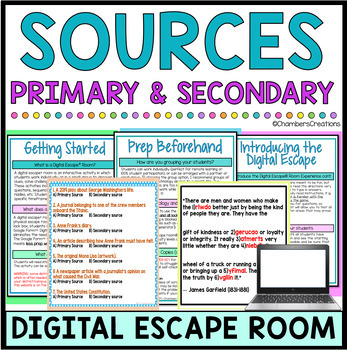 Preview of Primary and Secondary Sources digital escape room team building gaming activity