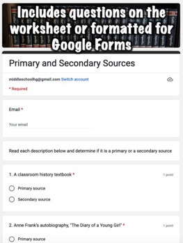 Primary or Secondary Source Worksheet by Middle School History and