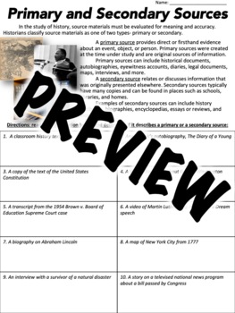 Preview of Primary or Secondary Source Worksheet