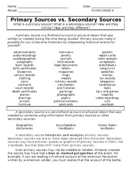 Primary And Secondary Sources Worksheet 7th Grade