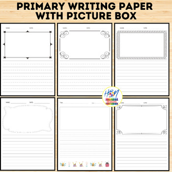 Preview of Primary writing paper with picture box & Drawing art space, Lined writing paper