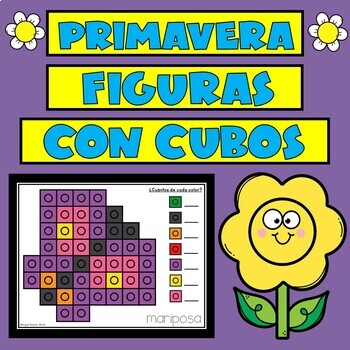 Preview of Primavera Figuras Con Cubos | Spanish Kinder Math Task Cards