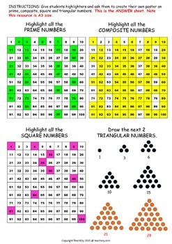 prime composite square and triangular numbers poster and worksheet