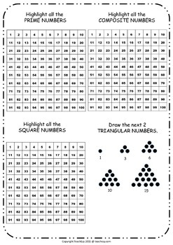 prime composite square and triangular numbers poster and worksheet