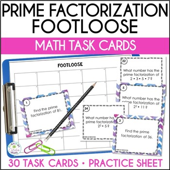 Preview of Prime Factorization Footloose Math Task Cards Game and Practice Worksheet