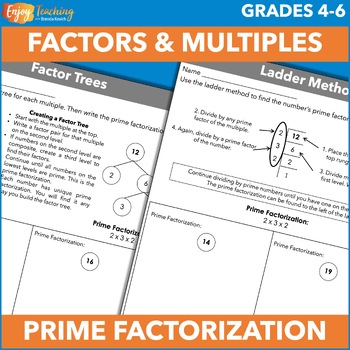 Prime Factorization Worksheets - Factor Trees and Ladder Method Activities