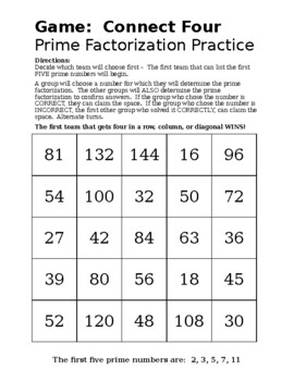 Preview of Prime Factorization GAME - Connect 4 for LOW Prep and Fun Practice