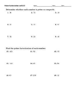 Prime Factorization and GCF Quiz/Assessment (Answer Sheet Included)