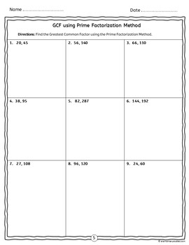 prime factorization using ladder method lcm and gcf worksheets tpt