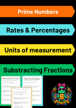 Preview of Prime Numbers, Substracting Fractions, Units of Measurement, Rates & Ratios Quiz