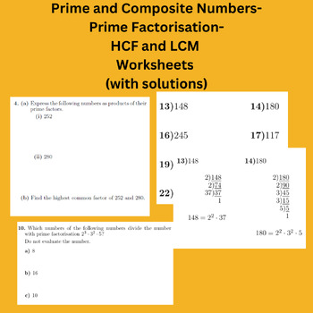 Preview of Prime and Composite Numbers-Prime Factorisation-HCF and LCM Worksheets (with sol