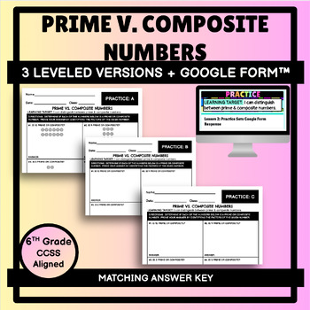 Preview of Prime v. Composite Numbers: Scaffolded & Differentiated Worksheets 3 Levels