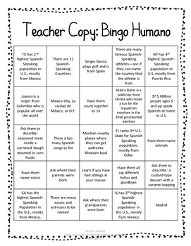 spanish class bingo