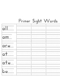 Primer Dolch Sight Word Handwriting Worksheets