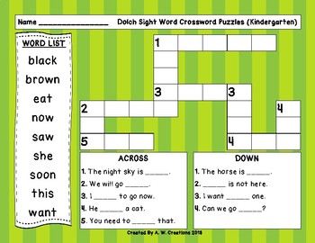 Preview of Primer (Kindergarten) Dolch Sight Words Crossword Puzzle