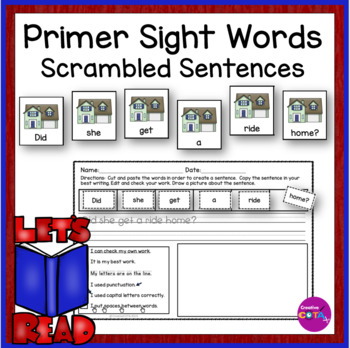 Preview of Primer Sight Words Build a Scrambled Sentence Writing Center Cut & Paste
