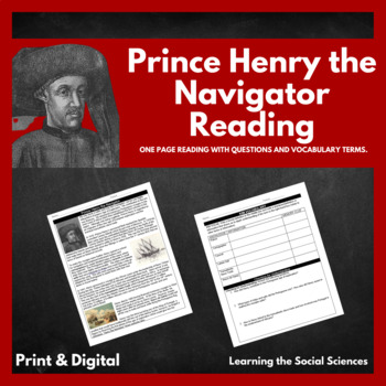 Preview of Prince Henry the Navigator One Page Reading with Questions & Vocabulary Terms