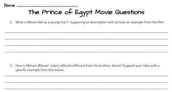 Preview of Prince of Egypt Movie Questions 