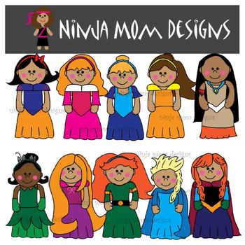 Princess Clip Art in Color and Black Line by Ninja Mom Designs | TPT