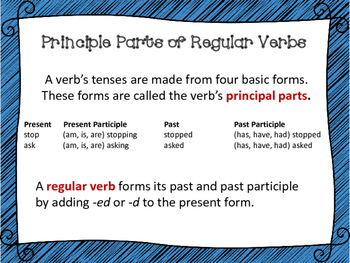 Principal Parts of Regular Verbs Task Cards, Board Game, and SCOOT