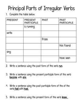 Principle Parts of Irregular Verbs Worksheet and Answer Key by Hailey Adams