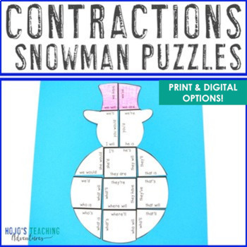 Preview of CONTRACTIONS Snowman Craft | Winter January Literacy Center Activity Game