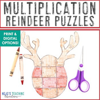Preview of MULTIPLICATION Reindeer Craft | NO PREP Christmas Math Activity Puzzle Center