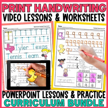 Preview of Print Handwriting BUNDLE Videos Lessons & Practice Worksheets with PowerPoint