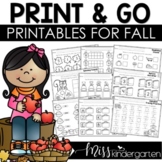 Fall Activities Themed Math and Literacy Kindergarten Worksheets