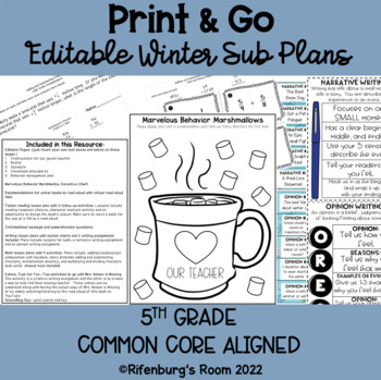 Preview of Print and Go Sub Plans - Editable Sub Plans - Fifth Grade - Winter Sub Plans