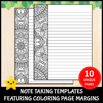 Preview of Printable 10 Mandala Note Taking Pages Featuring Coloring Page Margins