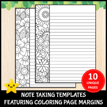 Preview of Printable 10 Floral Note Taking Pages Featuring Coloring Page Margins