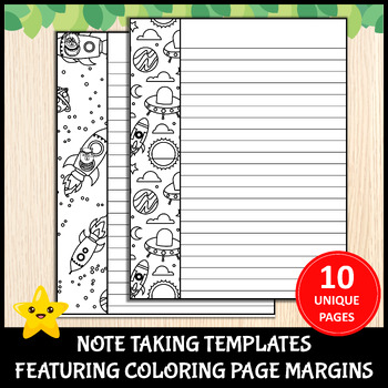 Preview of Printable 10 Space Note Taking Pages For Kids Featuring Coloring Page Margins