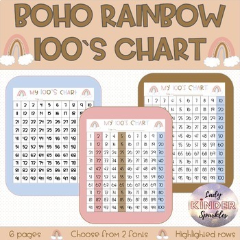 Preview of Printable 100`s Chart Boho Rainbows