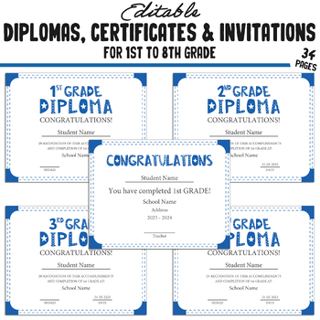 Preview of Printable 1st Grade Diplomas, Certificates, Invitation Templates: Modern Blue