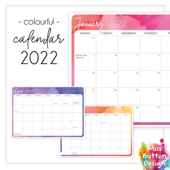 printable 2022 monthly calendar colourful watercolour design qld