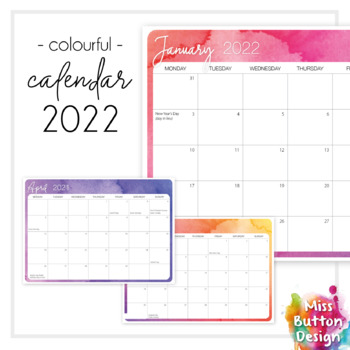 Monthly Calendar Printable 2022 Printable 2022 Monthly Calendar - Colourful Watercolour Design - Sa