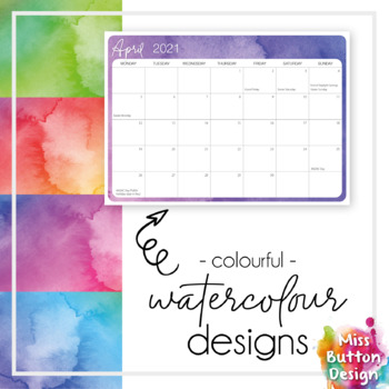 printable 2022 monthly calendar colourful watercolour design sa