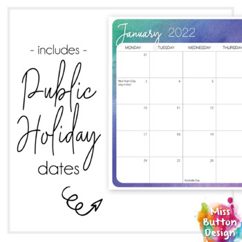 printable 2022 monthly calendar colourful watercolour design vic