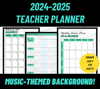 Preview of Printable 2024-2025 Teacher Planner For Any Subject - Music-Themed Design!